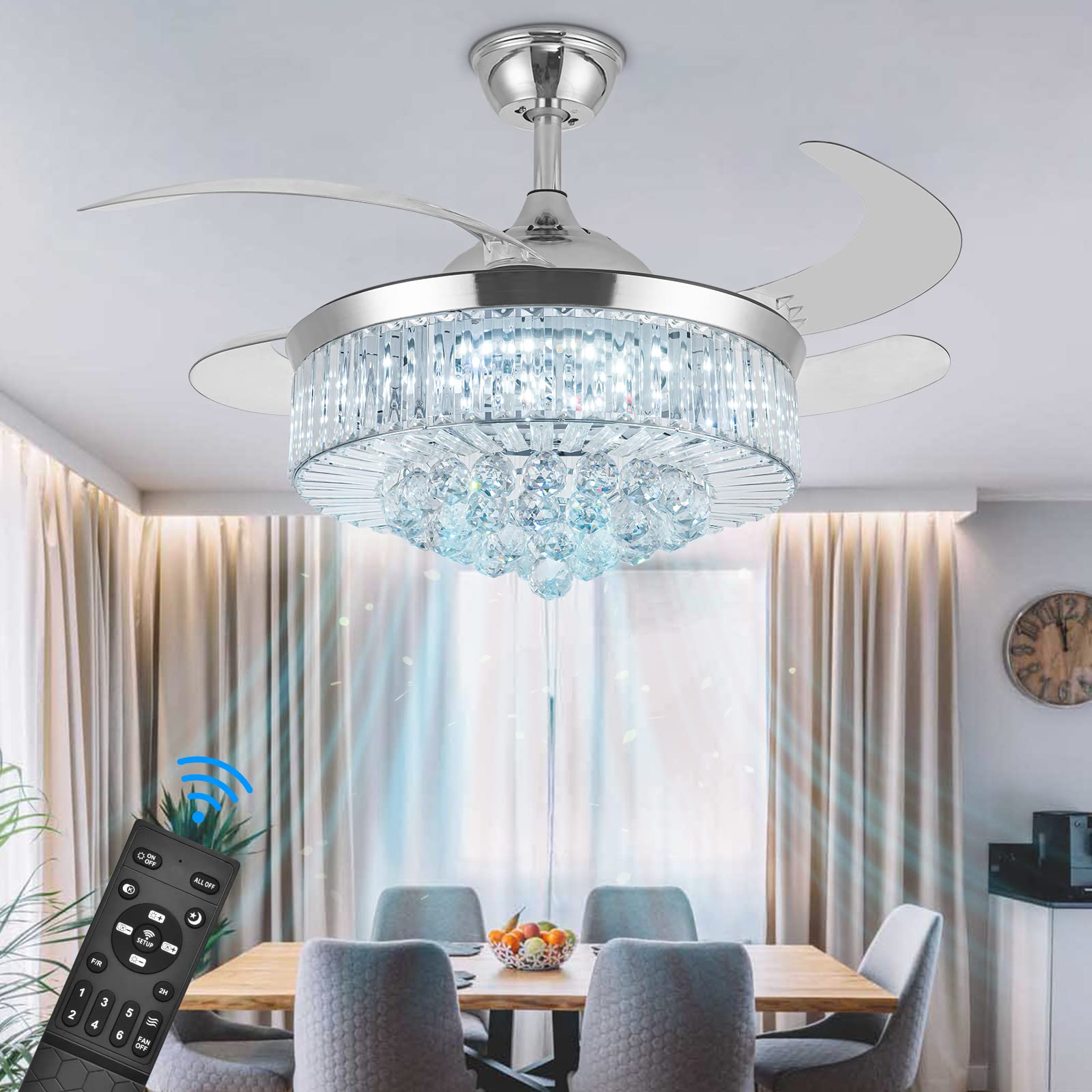 42'' Silver Retractable Crystal Chandelier Ceiling Fan with Light - Remote Control, Dimmable, Reversible Blades - Perfect for Dining Room, Living Room & Bedroom Lighting Decor