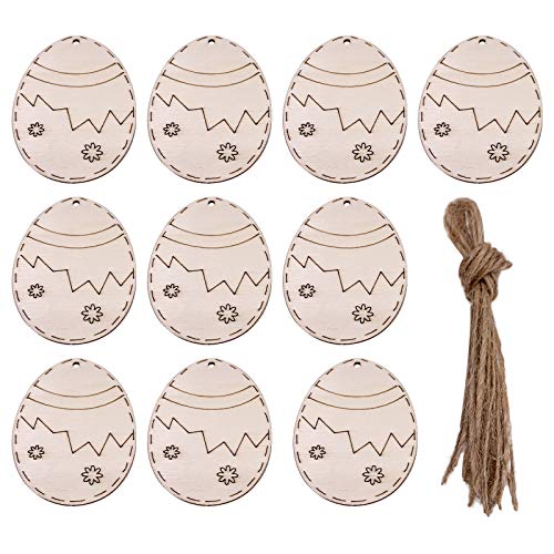 10PCS Wooden Carved Easter Eggs Hanging Ornaments - DIY Easter Party Decorations, Home Decor, Easter Gifts (3.14x2.36inch) - Perfect for Easter Tree Decor, Spring Home Decorating, and Holiday Party Favors