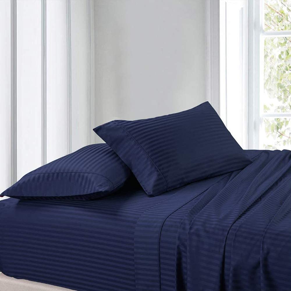 Roberts Twin-XL 100% Egyptian Cotton 800 Thread Count Deep Pocket Bed Sheet Set - 4 Piece, Navy Blue Stripes for Extra Long Twin Mattress Up to 15