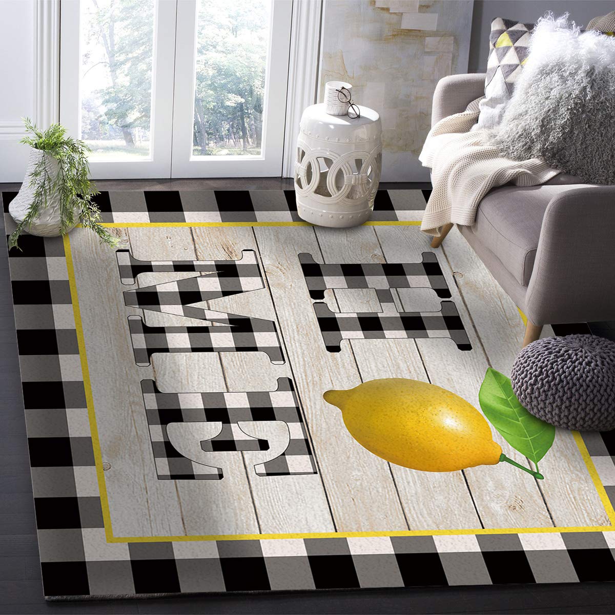 4'x7' Yellow Fruit Lemon Black & White Lattice Area Runner Rug - Washable Indoor/Outdoor Carpet for Kitchen, Living Room, Bathroom, Bedroom, Classroom & Laundry Room - Retro Farmhouse Doormat for Entryway, Hallway & Home Decor