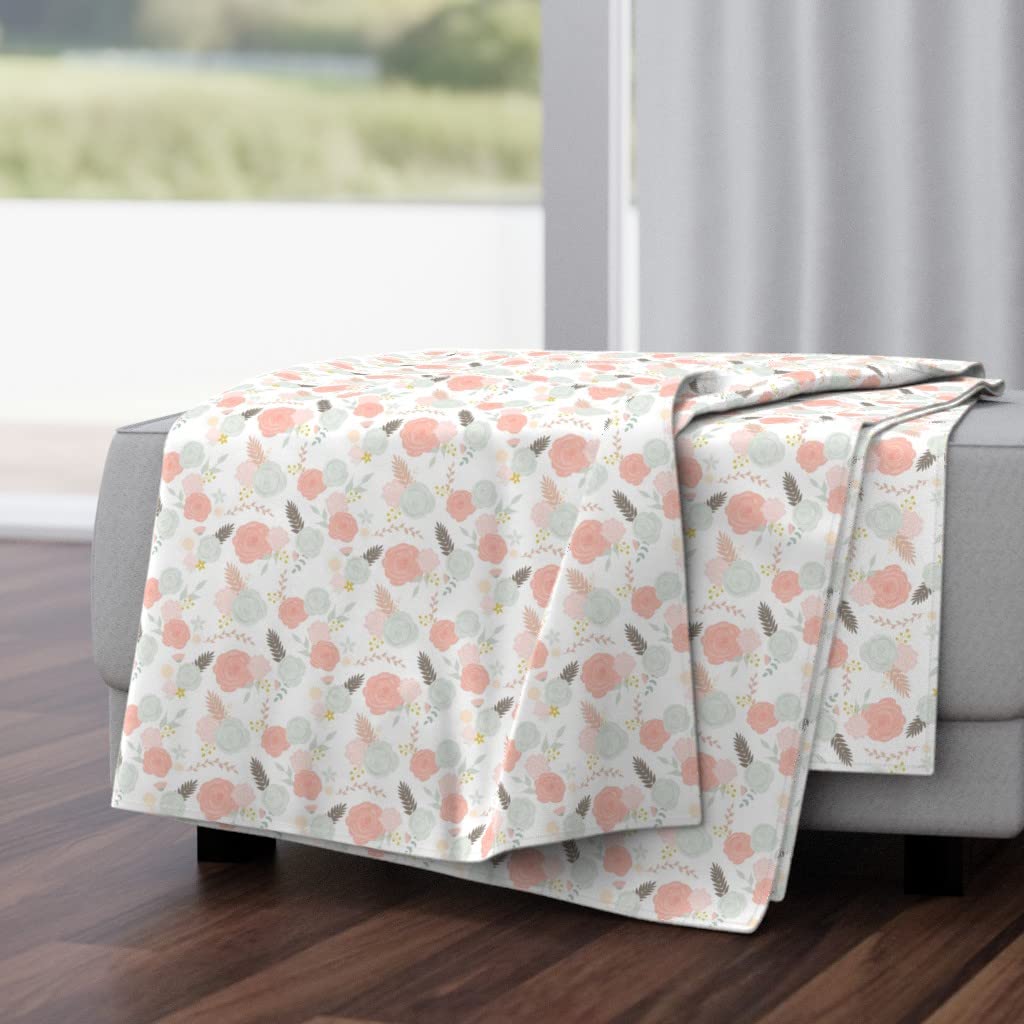 Soft Plush Minky Throw Blanket 50x70 Inches - Summer Blooms Floral Bouquet Design in White & Coral | Perfect for Nursery Decor, Living Room Accent, Gift Giving & Cozy Evenings