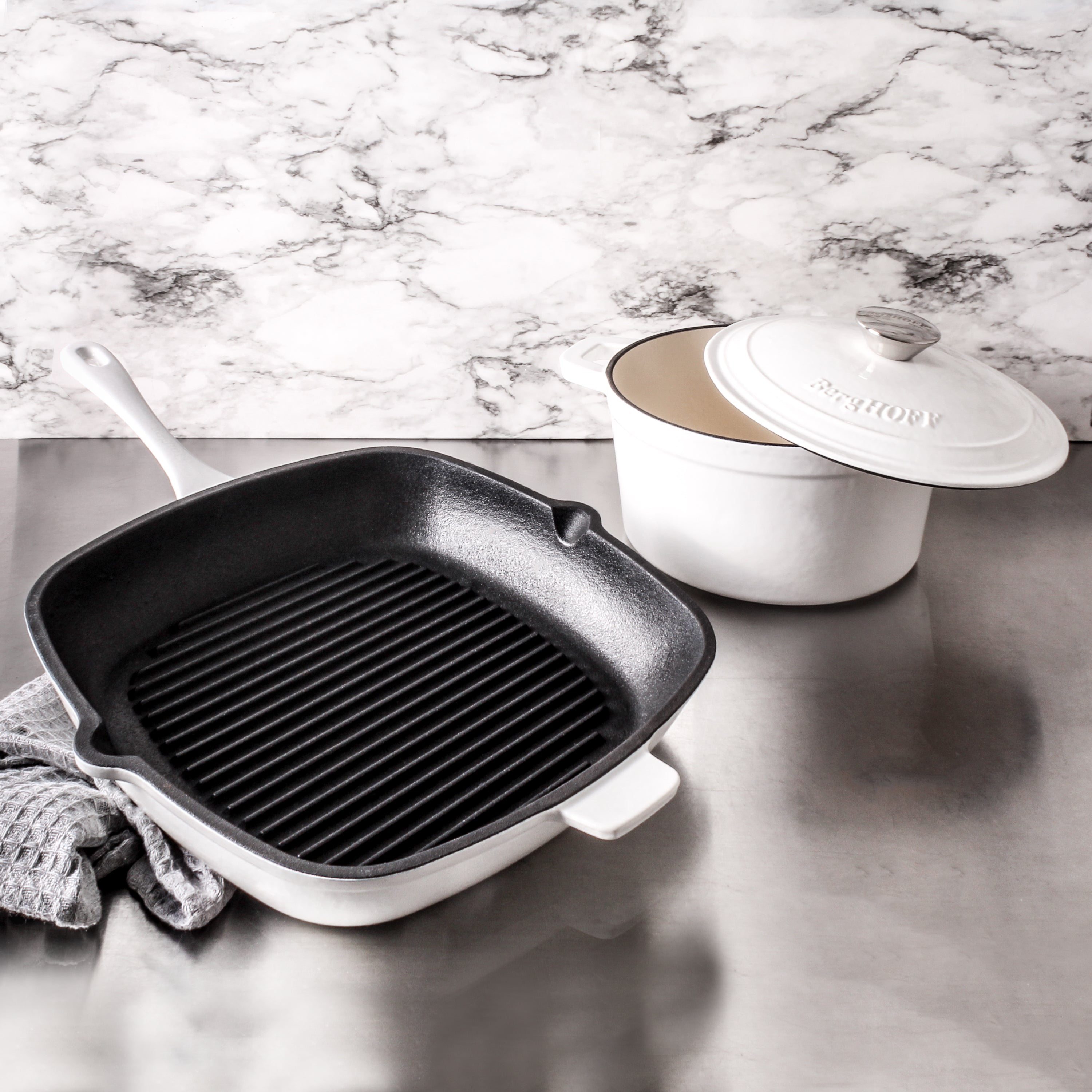BergHOFF Neo 3-Piece Cast Iron Cookware Set - Grill Pan & Round Dutch Oven in White | Durable Enameled Cast Iron for Stovetop, Oven & Camping | Perfect for Searing, Braising & Outdoor Cooking