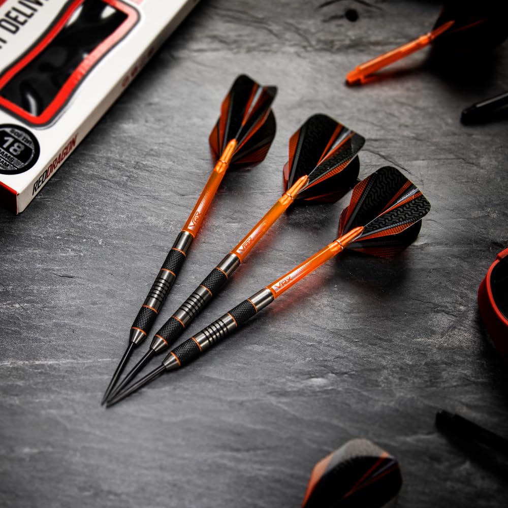 Premium Tungsten Steel Darts Set - Red Dragon Amberjacks 21g, 22g, 24g with Flights, Shafts, Wallet & Checkout Card - Perfect for Professional Darts Players & Home Game Rooms