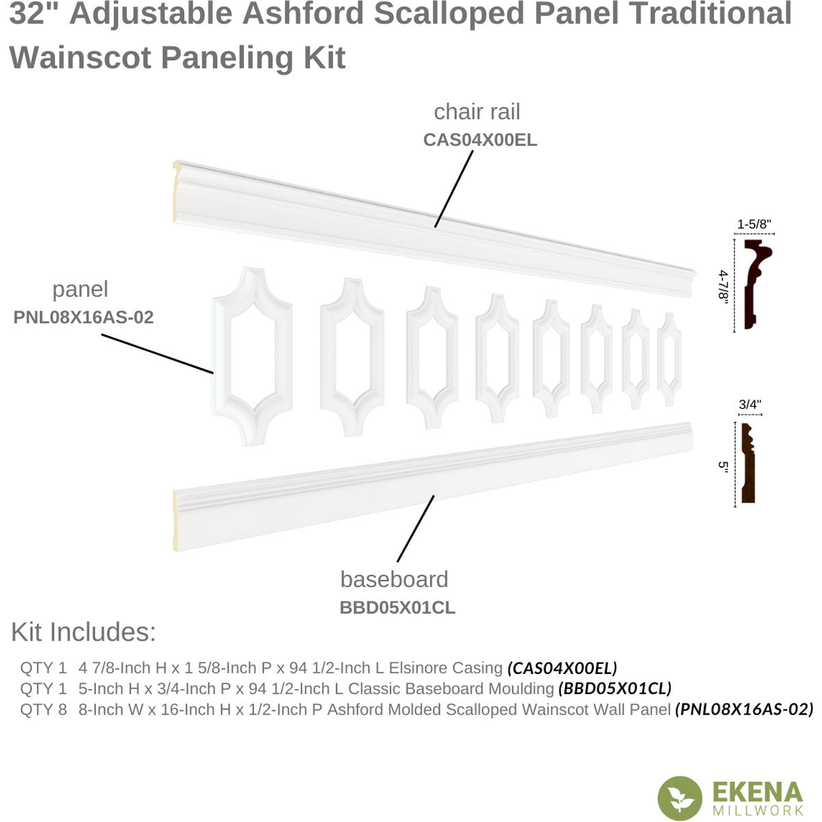 Ashford Traditional Wainscot Paneling Kit - 94.5 Inch Long Premium Wood Wall Paneling for Home & Office Decor | Easy DIY Installation for Living Room, Dining Room & Bedroom