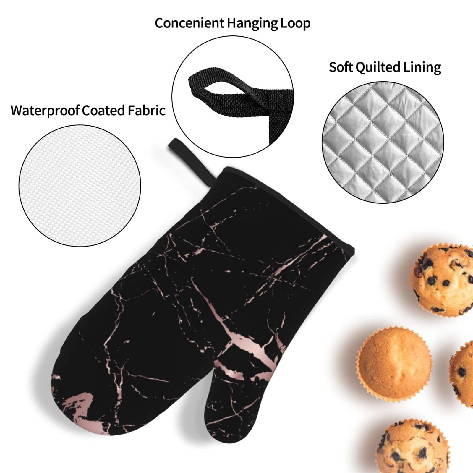 **Rose Gold & Black Marble Oven Mitt and Pot Holder Set of 4 - Heat Resistant, Non-Slip Kitchen Gloves for Baking, Cooking, Grilling, BBQ - Perfect for Home Chefs & Holiday Gifts**