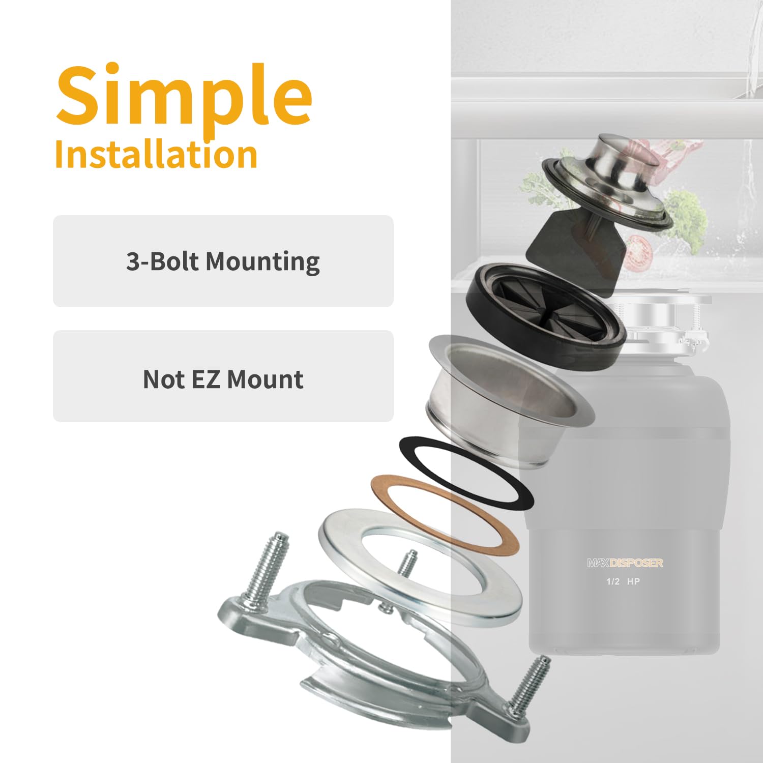 1/2 HP Garbage Disposal with Stopper & Power Cord - Quiet Continuous Feed Kitchen Sink Food Waste Disposer, Stainless Steel Grinding System - Perfect for Home Kitchens & Small Restaurants (MAX-3)
