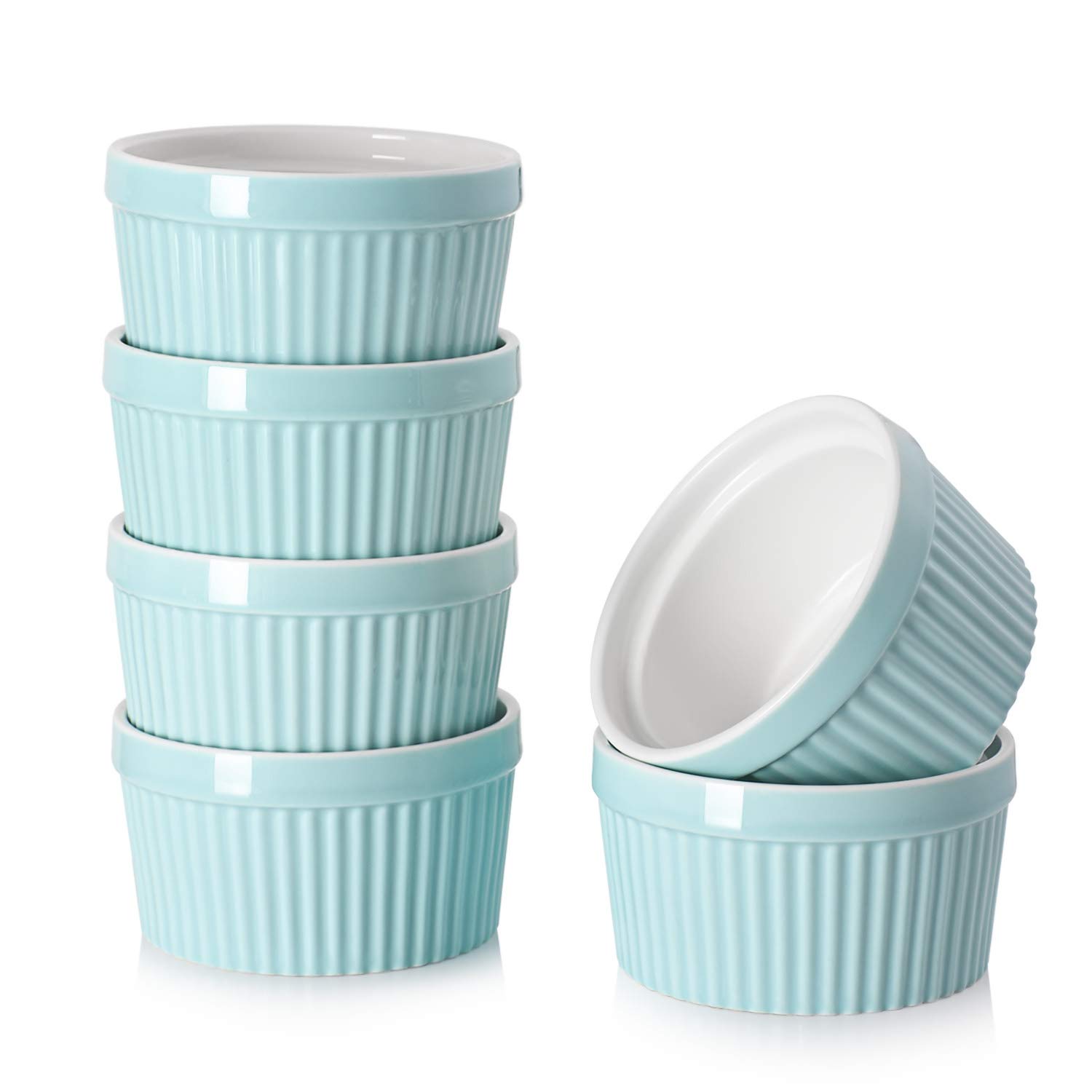 DOWAN 8 oz Porcelain Ramekins Set of 6 - Oven Safe Baking Bowls for Creme Brulee, Souffle, Desserts & Appetizers | Classic Blue Ramekins for Home Baking, Restaurant Use & Party Serving