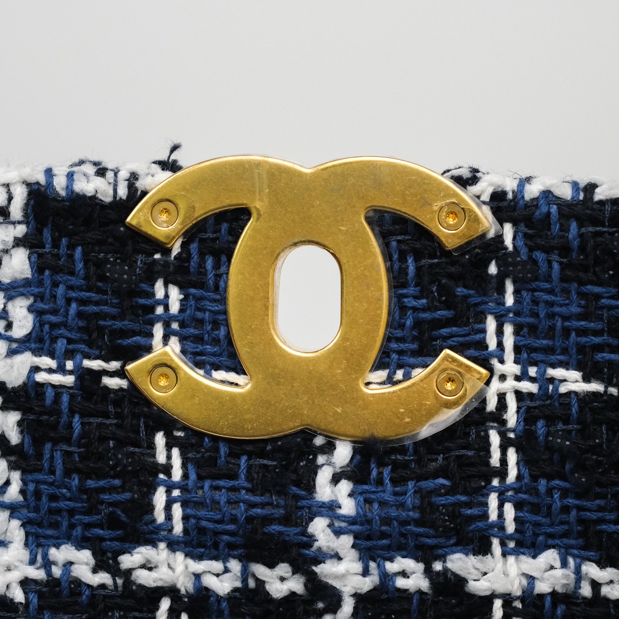 Chanel 19 Small Handbag in Blue, White & Black Grid Tweed with Mixed Hardware - Perfect for Work, Travel & Evening Events