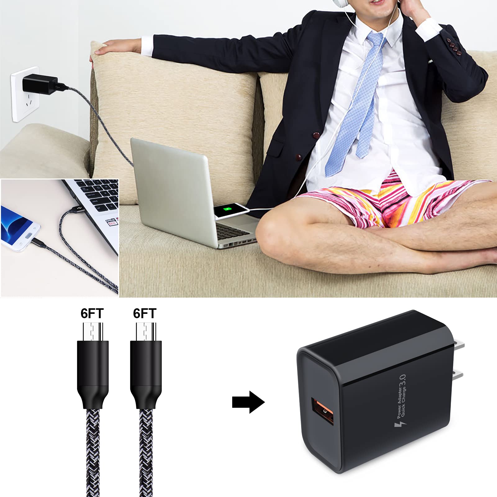 Fast Charging Micro USB Cable & Wall Charger Plug - Quick Charge 3.0 Compatible with Motorola Moto E/E4/E5/G4/G5/G6 Series - Perfect for Home, Office & Travel Charging Needs