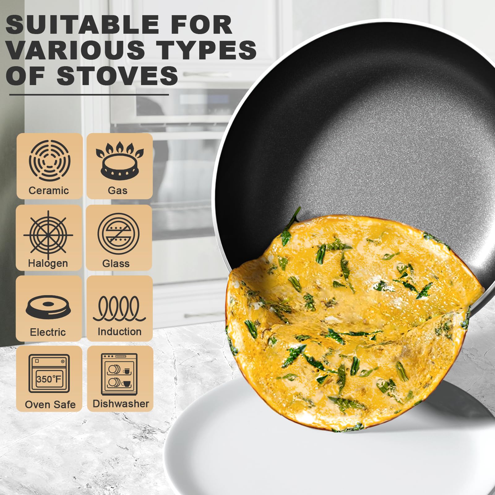 Cook N Home Nonstick Frying Pan Skillet Set - 3-Piece (8, 9.5, 12 Inch) - Induction Compatible Copper Sauté Pan, Omelet & Egg Fry Pan for Professional Cooking & Home Kitchen Use