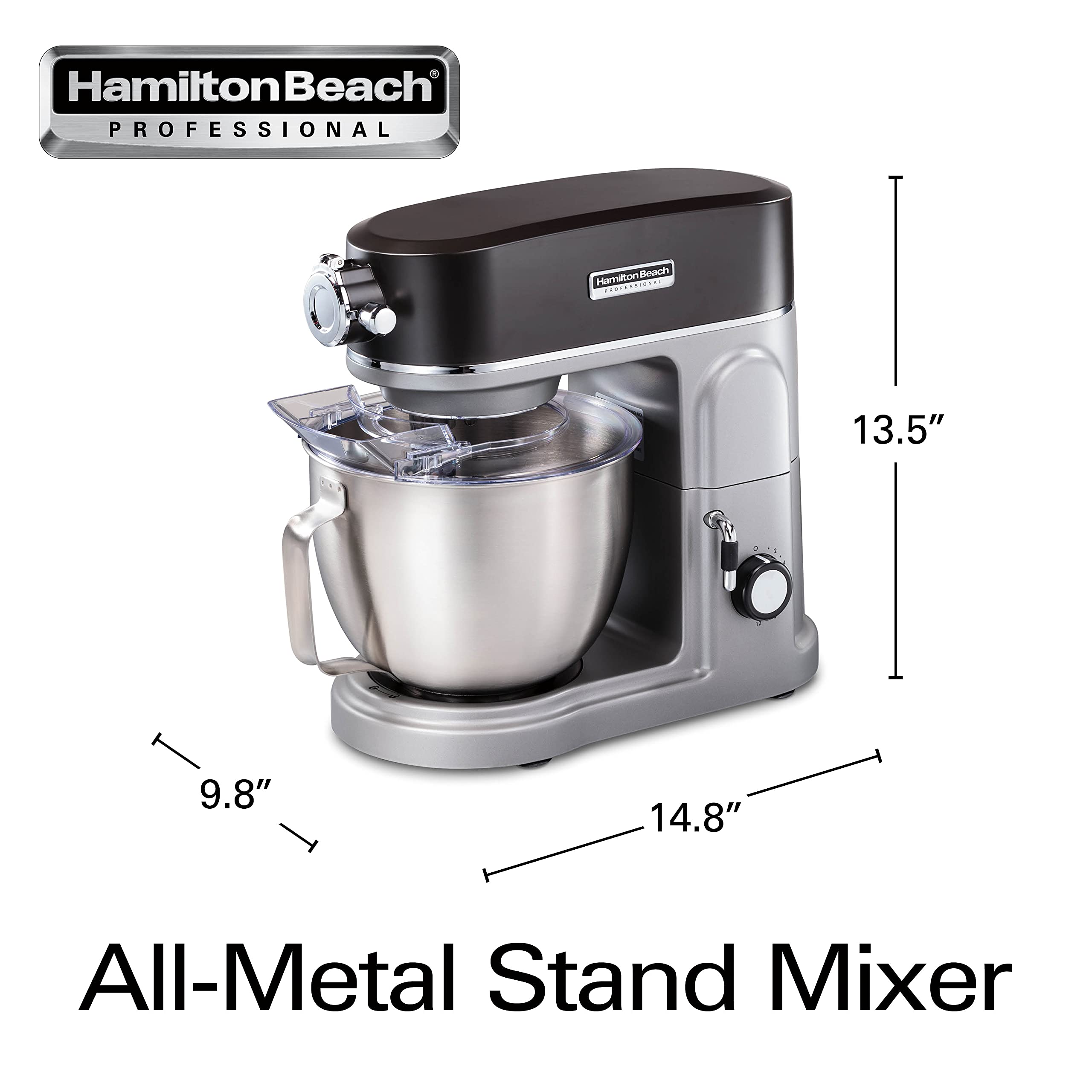 Hamilton Beach Professional 5 Quart All-Metal Stand Mixer - 12 Speed Settings with Flat Beater, Dough Hook & Whisk - Heavy Duty Kitchen Mixer for Baking Bread, Cakes & Cookies - Perfect for Home Bakers & Professional Chefs