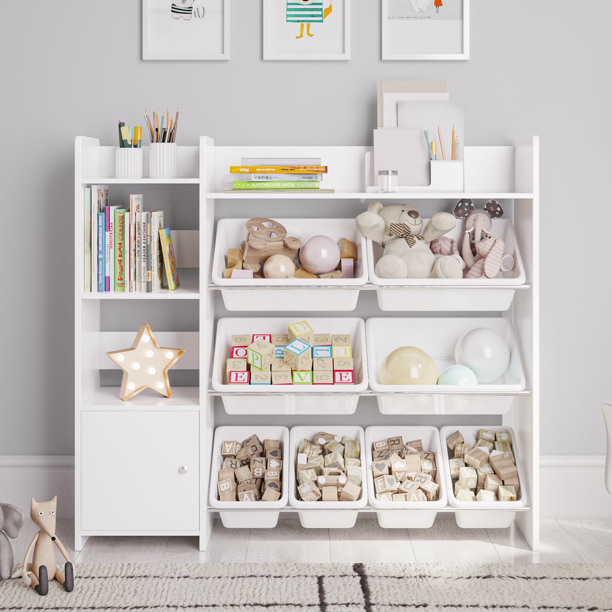 Kids Toy Storage Organizer with 8 White Bins & Shelf - Space-Saving Playroom Organization Solution for Toys, Books & Games - Perfect for Bedrooms, Daycares & Play Areas