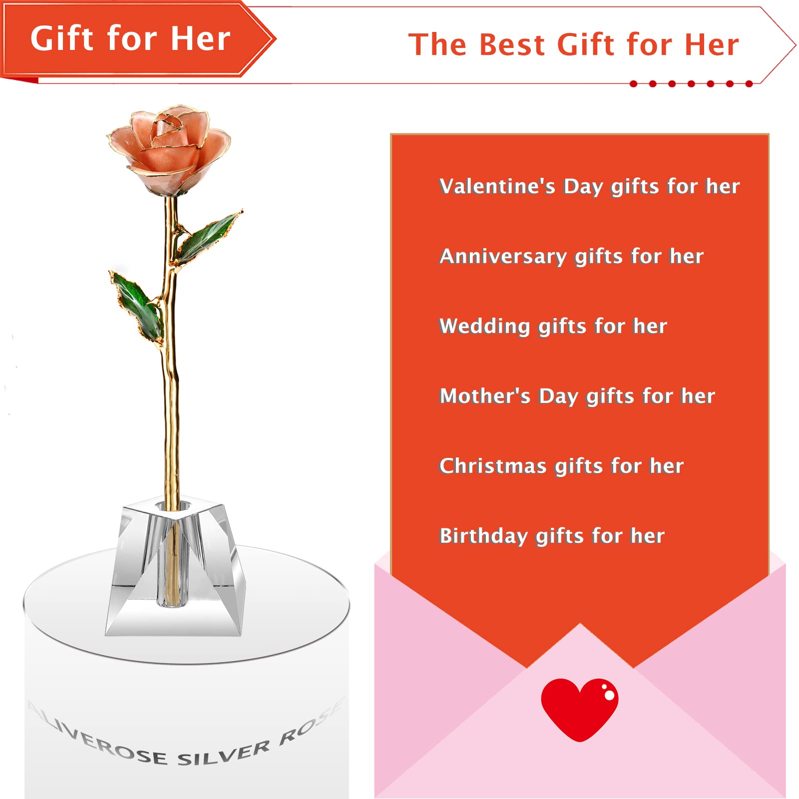 24k Gold Real Rose Gift for Wife - Anniversary, Valentine's Day, Mother's Day & Birthday Present - Long Stem Luxury Rose with Crystal Vase (Peach Pink) - Perfect for Romantic Surprises, Home Decor & Special Occasions