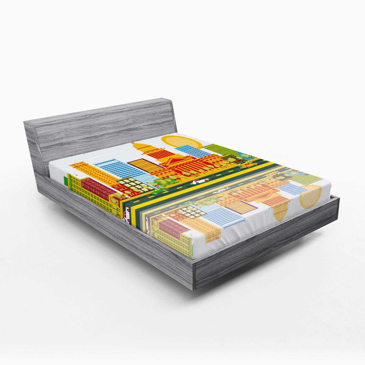 Ambesonne Charleston Fitted Sheet - Full Size Deep Pocket Bed Cover with All-Round Elastic, Colorful West Virginia Skyline Design | Perfect for Business Travelers & Home Decor | USA Inspired Multicolor Bedding for Comfortable Sleep