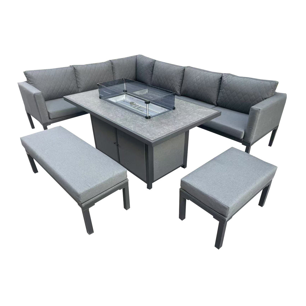 Malaga Grey L-Shaped Luxury Rattan Patio Set with Rectangular Fire Pit Table - Outdoor Furniture for Backyard, Garden & Poolside Relaxation