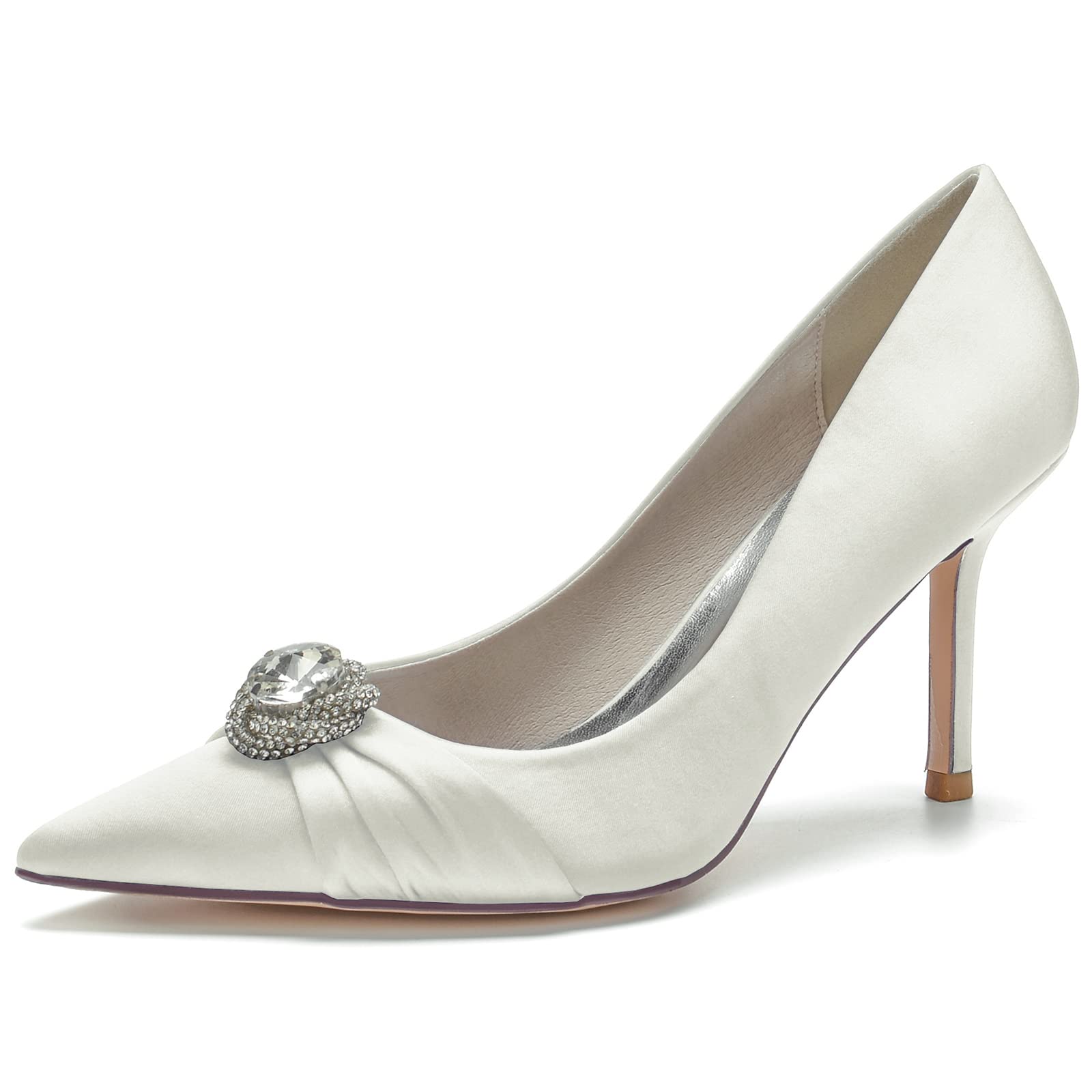 Ivory Wedding Shoes for Women - Pointed Toe Stiletto Heel Rhinestone Buckle Satin Dress Pumps | Perfect for Bridal Ceremony, Formal Events & Evening Parties
