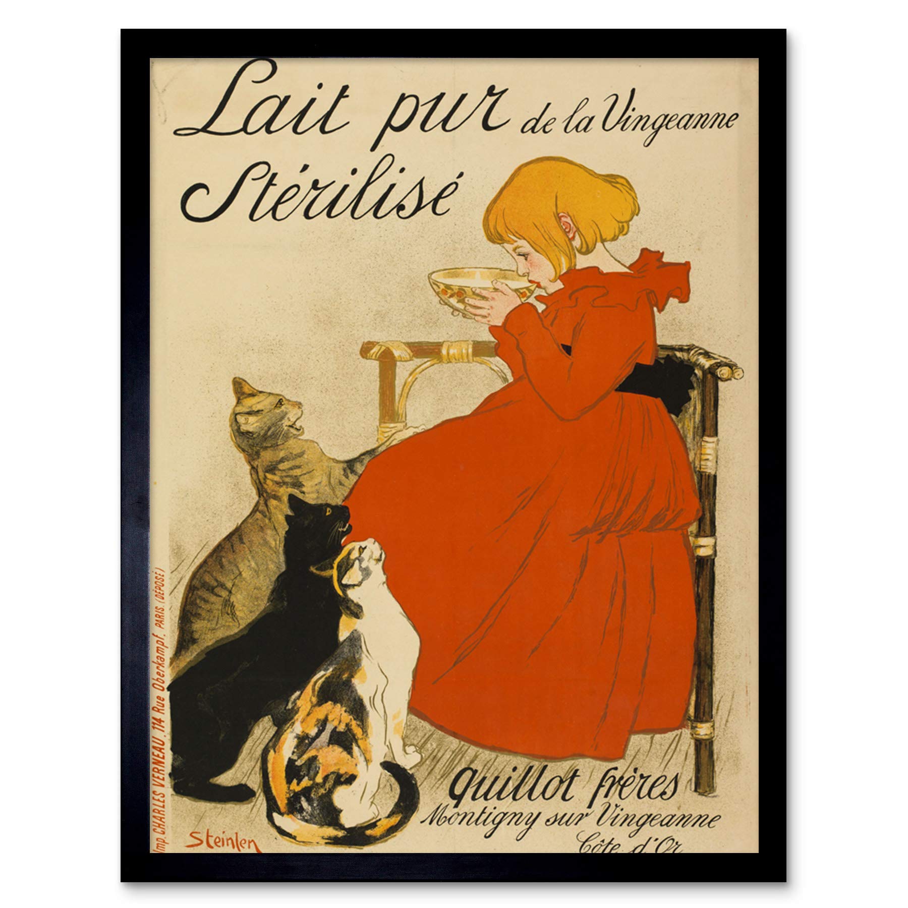 Steinlen Quillot Brothers Milk Cats Vintage Art Print - Framed Wall Decor Poster 12x16 Inches - Perfect for Home, Office & Cafe Decor