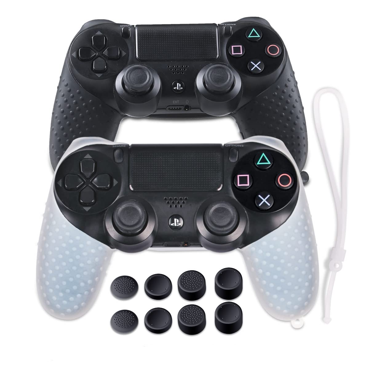 DualShock 4 Controller Silicone Skin Cover - Anti-Slip PS4 Controller Protector with Hand Strap Case & 4 Pairs Thumb Grips - Compatible with PS4, PS4 Slim, PS4 Pro (Black & White) - Perfect for Gaming, Streaming & Long Play Sessions
