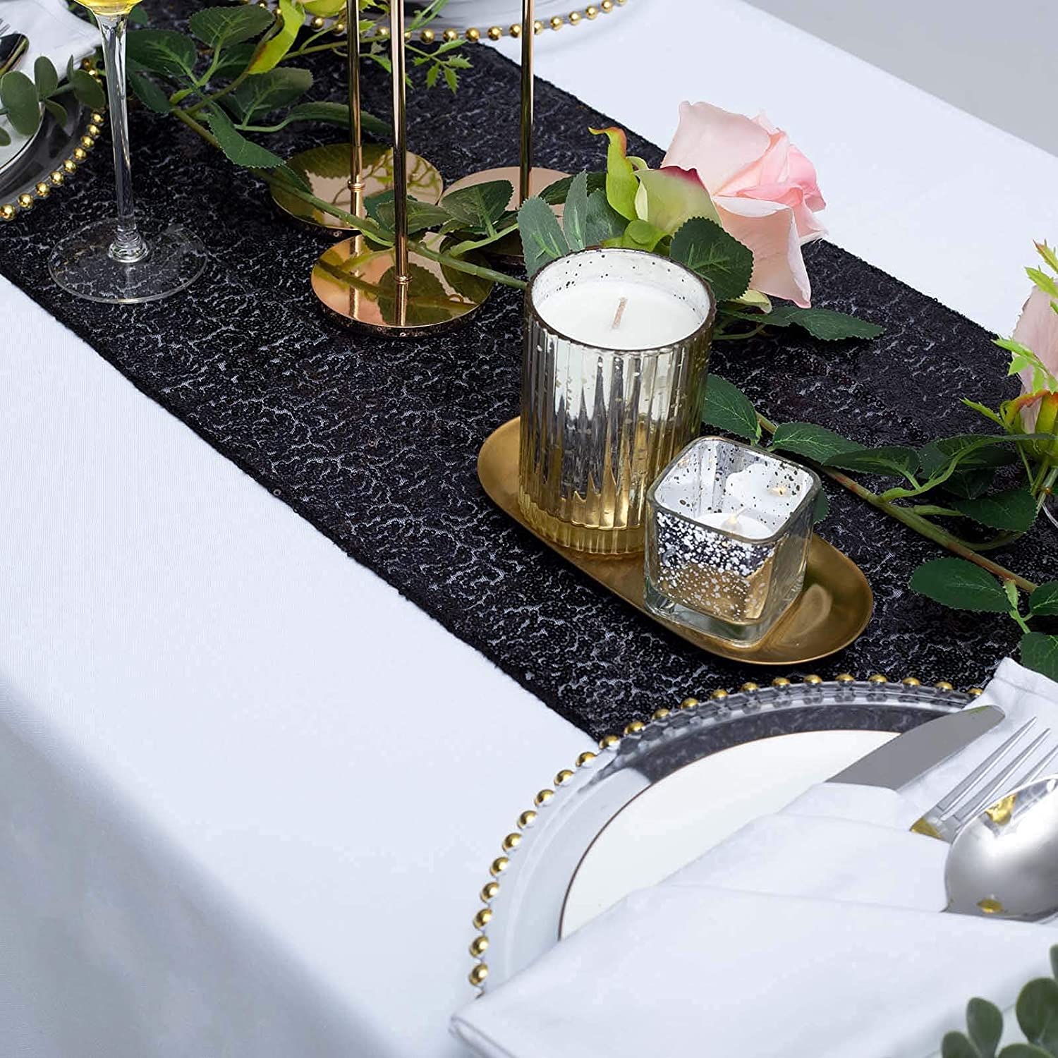12 Pack Black Sequin Table Runner 12