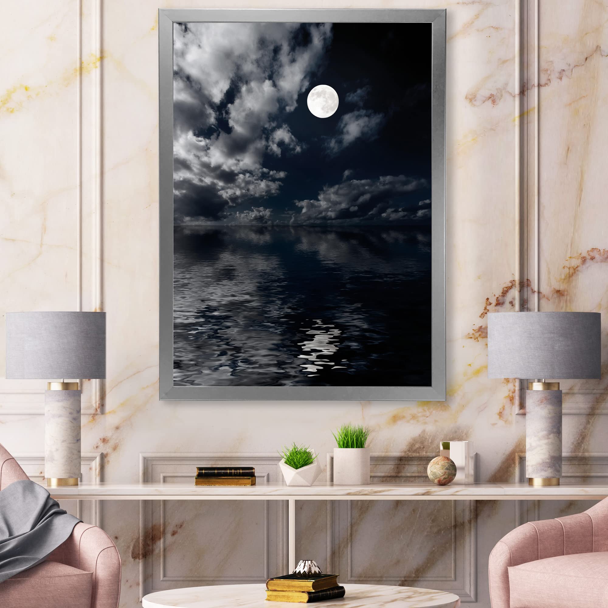 Full Moon in Cloudy Night Sky IV - Nautical Coastal Framed Wall Art Print for Beach House Decor, Ocean Themed Living Room & Bedroom Wall Decor