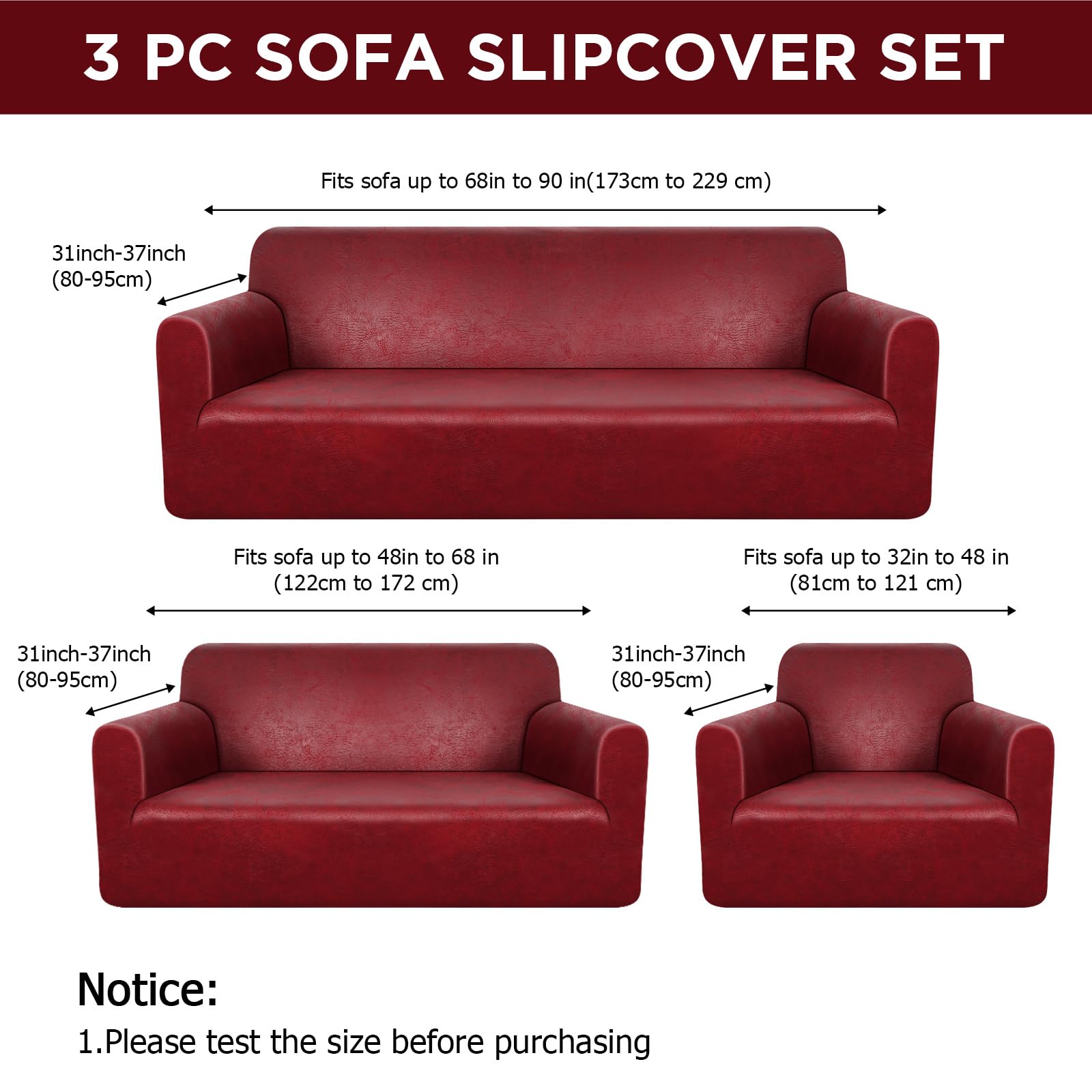 **Peryiter 3-Piece Stretch Slipcover Set for Sofa, Loveseat & Armchair – Form-Fitting, Wrinkle-Free Furniture Protector (Burgundy, Tech Fabric) – Perfect for Living Room, Home Decor & Pet-Friendly Use**