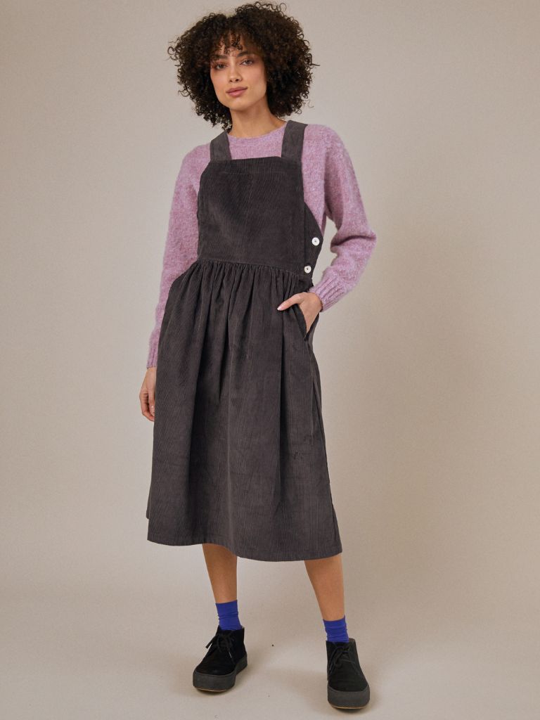 Sideline Thea Pinafore Dress in Charcoal Cord - Stylish Women's Jumper for Casual Outings & Workwear