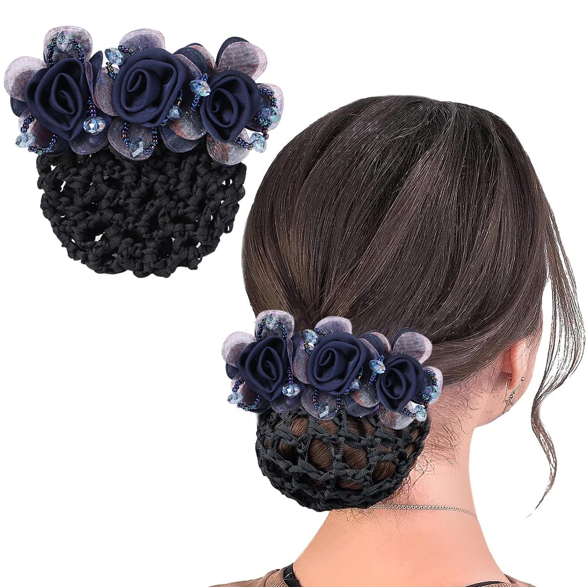 MAYCREATE® Floral Hair Snood Net - Rhinestone Hair Bun Clips & Barrette Bun Cover for Women - Elegant Hair Accessories for Dancers, Nurses, Work & Daily Wear - Perfect for Weddings, Parties & Professional Occasions