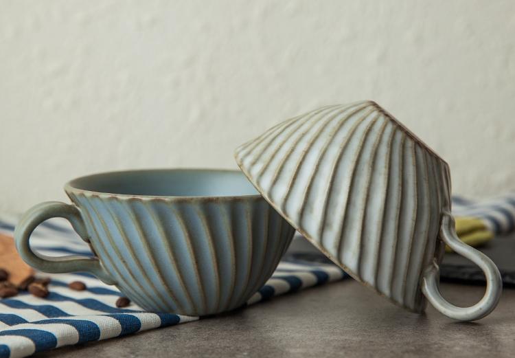 Handmade Green Pottery Coffee Cups - Ceramic Breakfast Milk Cup, Latte Mug & Cappuccino Set with Saucer for Home, Cafe & Office Use | Eco-Friendly Ceramic Drinkware