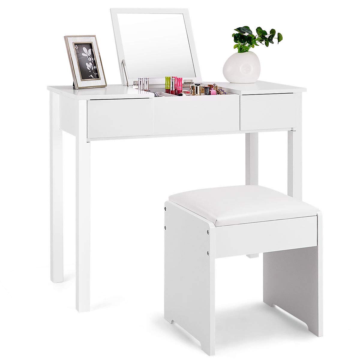 Casart White Bathroom Vanity Dressing Table with Flip Top Mirror, 2 Drawers & 3 Removable Organizers - Perfect for Small Spaces, Makeup Storage & Home Organization