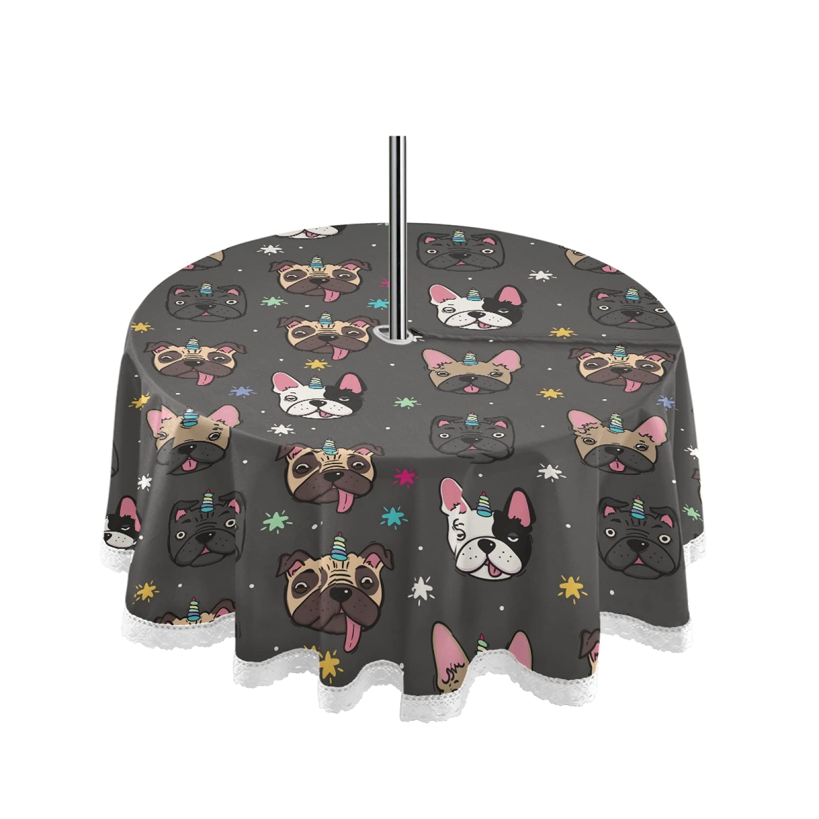 Waterproof Outdoor Tablecloth with Umbrella Hole & Zipper - Cute Pugs Design Machine Washable Picnic Table Cover for Spring Summer Garden Party, Patio Decor, BBQ, Camping & Beach Outings