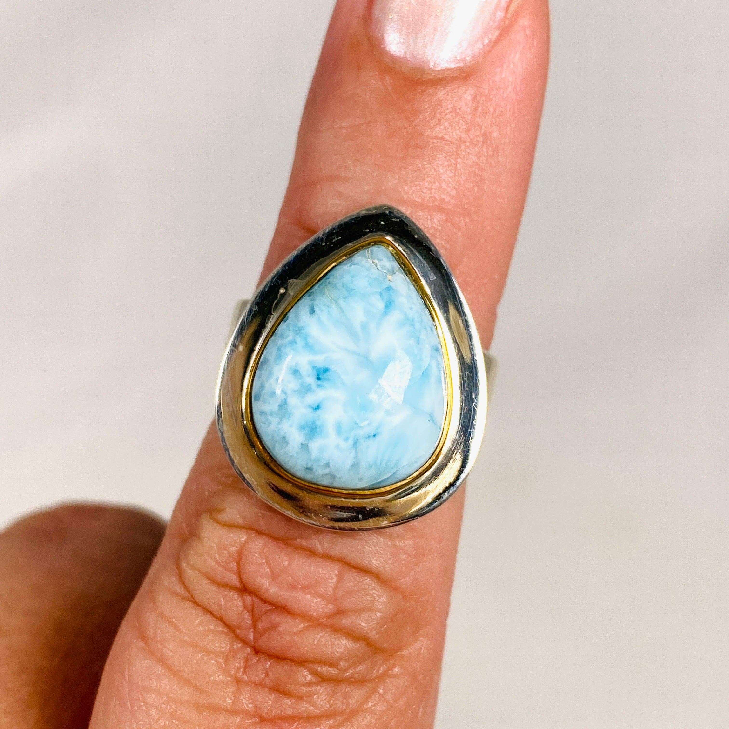 Larimar Teardrop Ring with Brass Detailing - Size 6 - Handmade Sterling Silver Jewelry - KRGJ3087 - Perfect for Boho Style, Beach Wedding & Everyday Wear