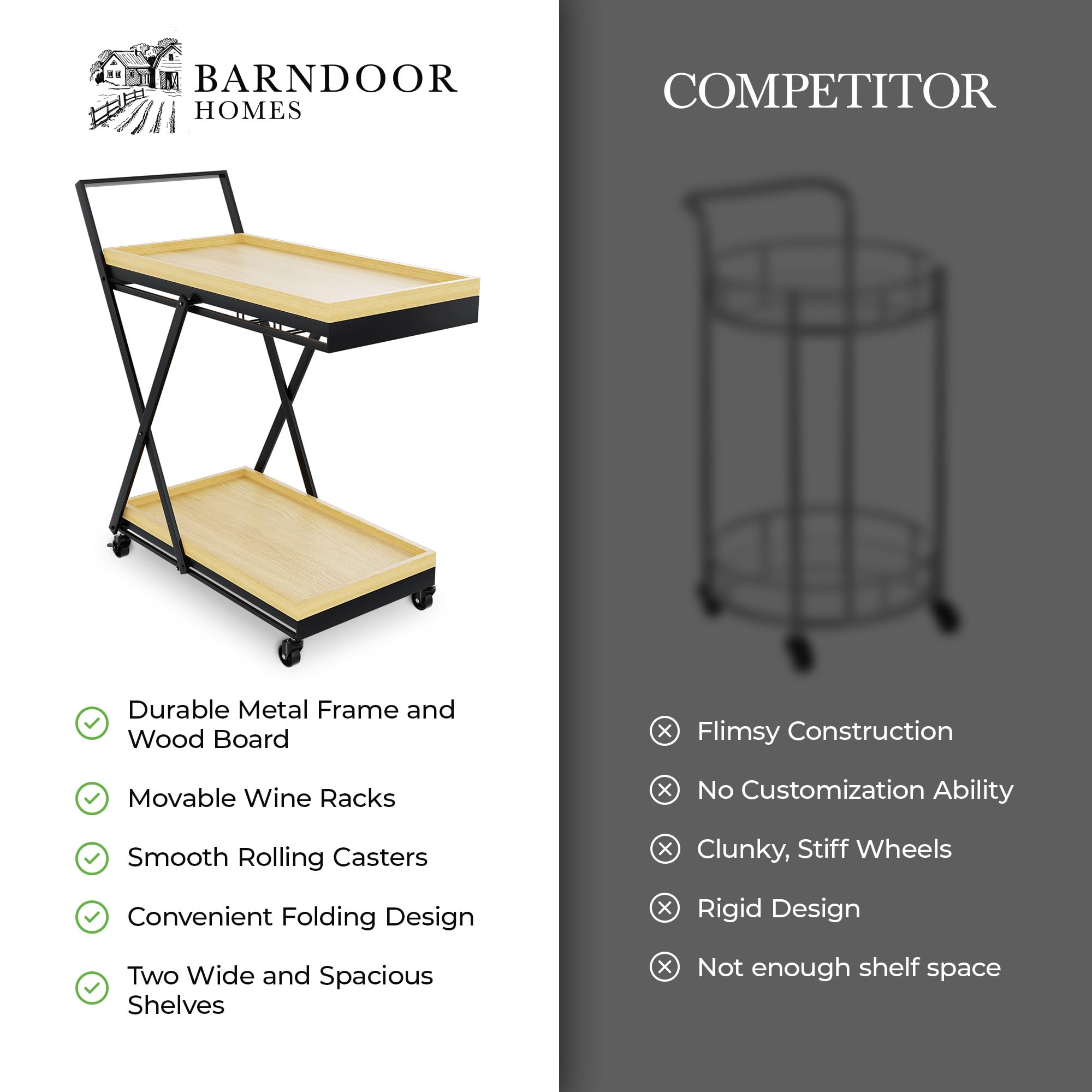 Bar Cart with Wheels - Rolling Kitchen Coffee Service, Wooden Trays, Portable Liquor & Beverage Storage, Mobile Snack & Drink Station - Perfect for Home Entertaining, Parties & Kitchen Organization