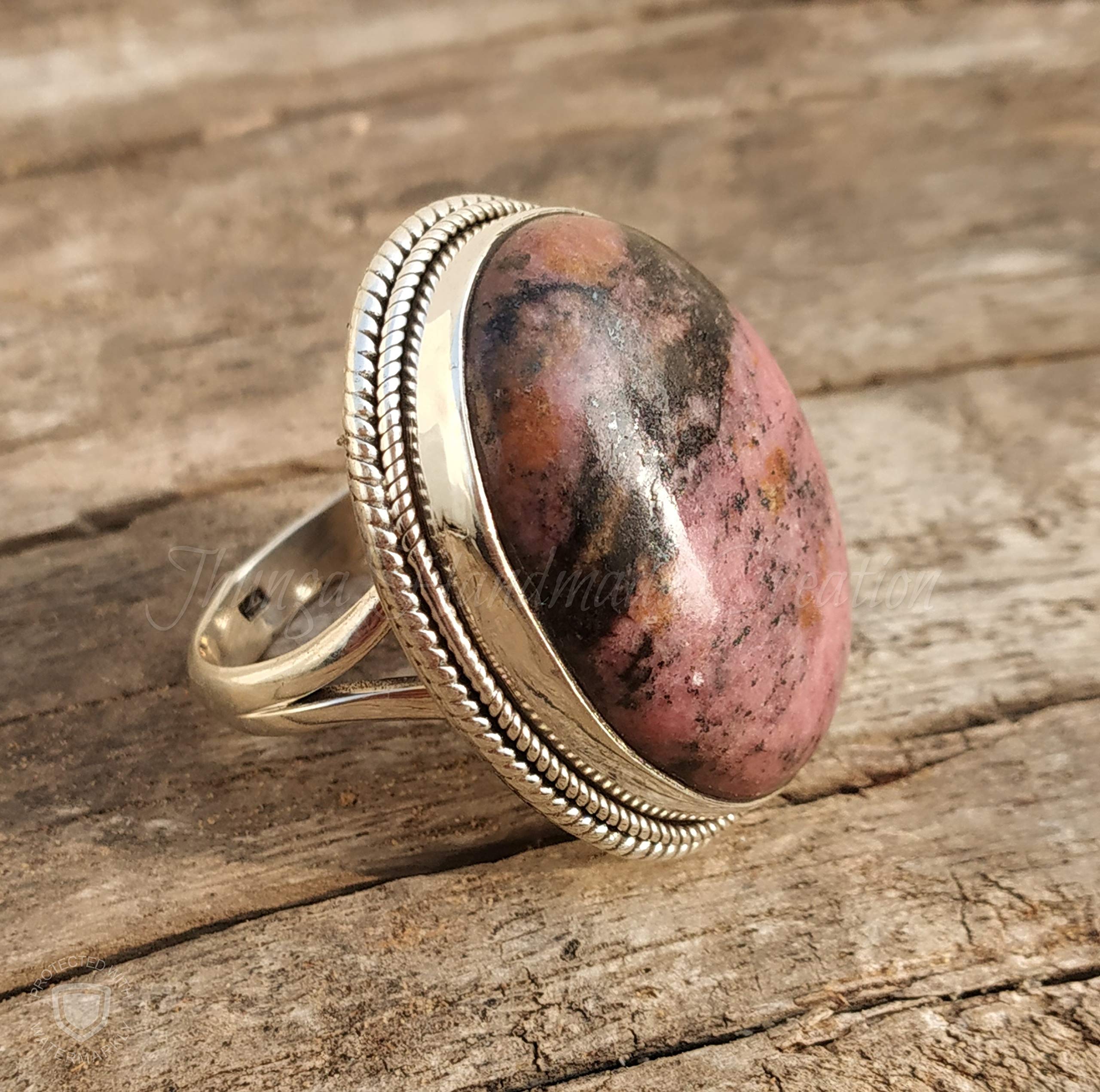 Rhodonite Ring Sterling Silver - Bohemian Artisan Jewelry with Pink Stone, Vintage Designer Statement Ring for Women | Perfect Anniversary Gift, Hippie & Boho Style Accessory for Her | Ideal for Weddings, Parties & Everyday Wear