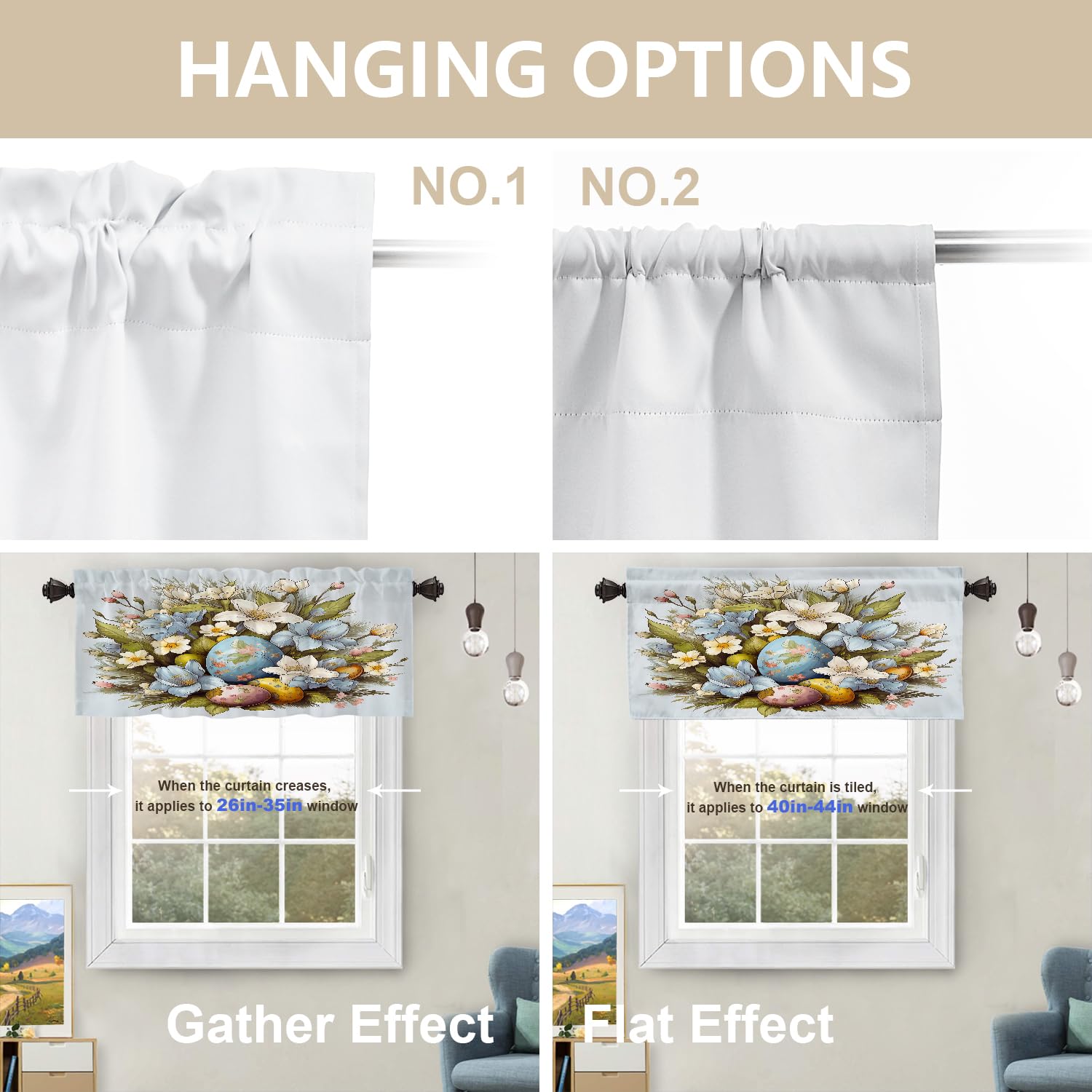 Floral & Egg Print Kitchen Valances - 2 Pack Blackout Window Curtains 52x18 Inches, Multi-Layer Polyester Drapes for Kitchen & Bedroom - Perfect for Farmhouse Decor & Sun Protection