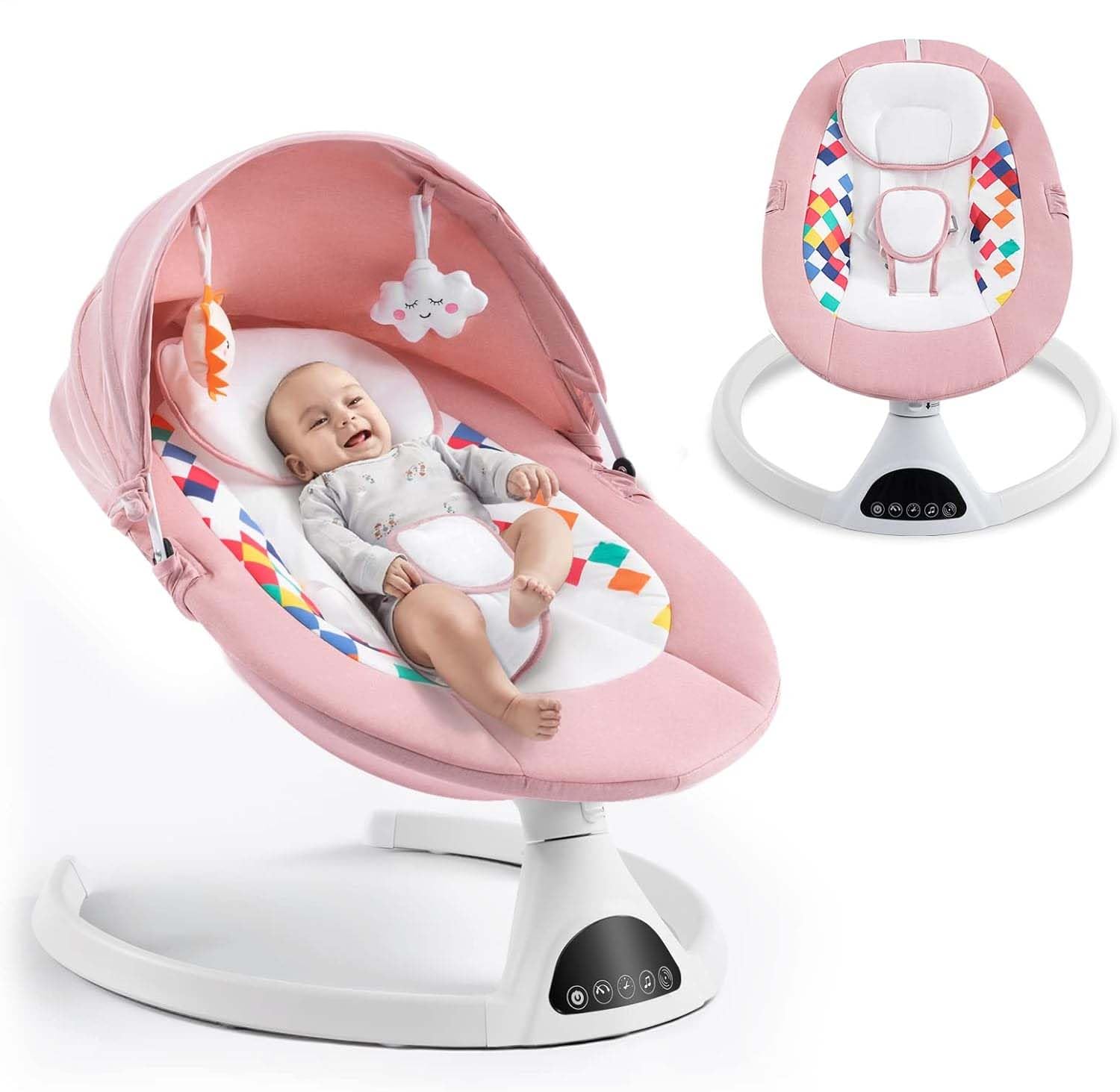 Electric Baby Swing with Bluetooth & Music - Portable Infant Bouncer for Boys & Girls - 5 Adjustable Sway Speeds - Light Pink Indoor Rocker - Perfect for Nursery, Playtime & Soothing Fussy Babies