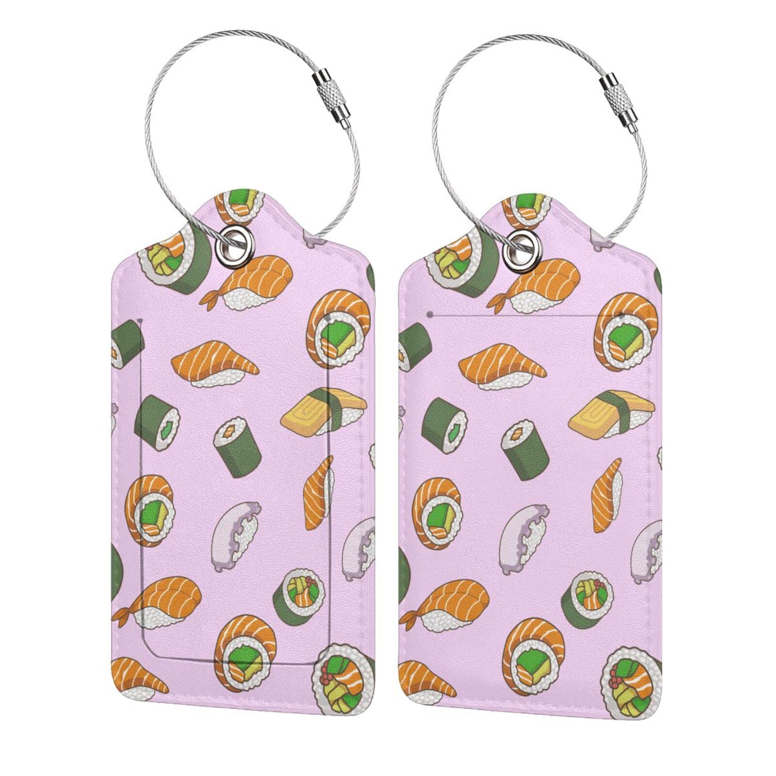 2 Pack Pink Sushi PU Leather Luggage Tags with Stainless Steel Loop - Privacy Cover ID Label - Stylish Travel Accessories for Suitcases, Bags & Backpacks - Perfect Gift for Women, Men & Kids (Ideal for Air Travel, Cruise Vacations & Business Trips)