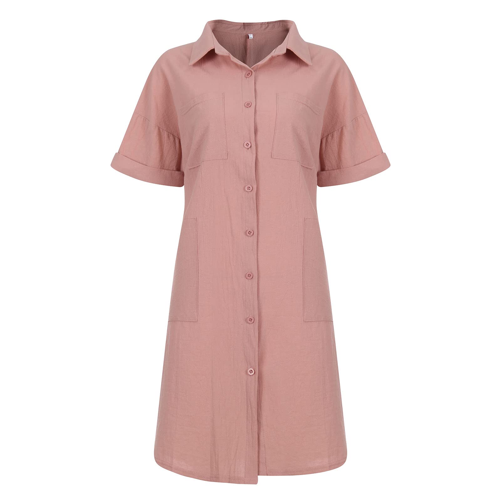 Women's Casual Cotton Linen Button Down Shirt Dress - Oversized Loose Short Sleeve Midi Beach Dress with 4 Pockets | Perfect for Summer Vacation, Beach Cover Up & Boho Style Outfits
