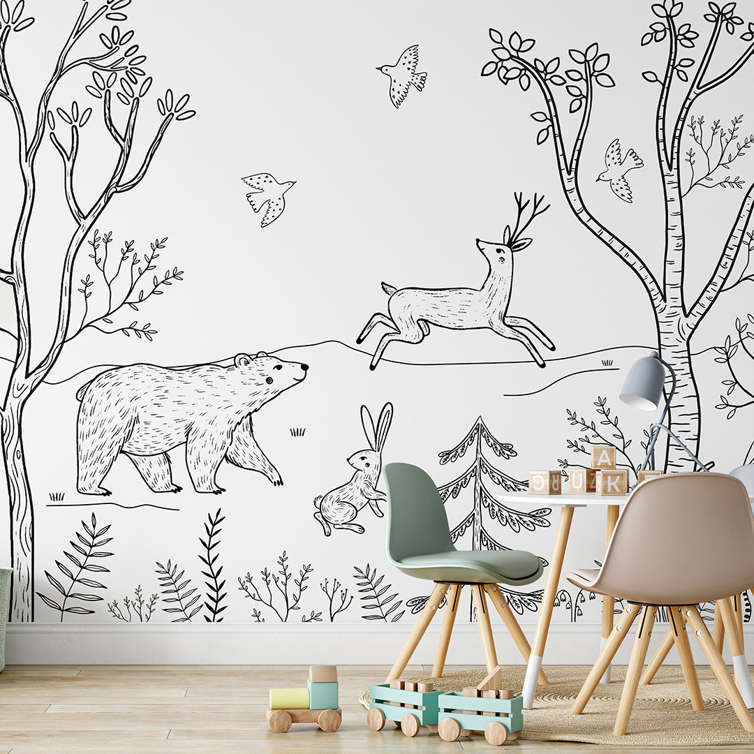 Black & White Forest Animals Wall Mural SM017 - Nature-Themed Decorative Wallpaper for Nursery, Kids Room & Home Decor
