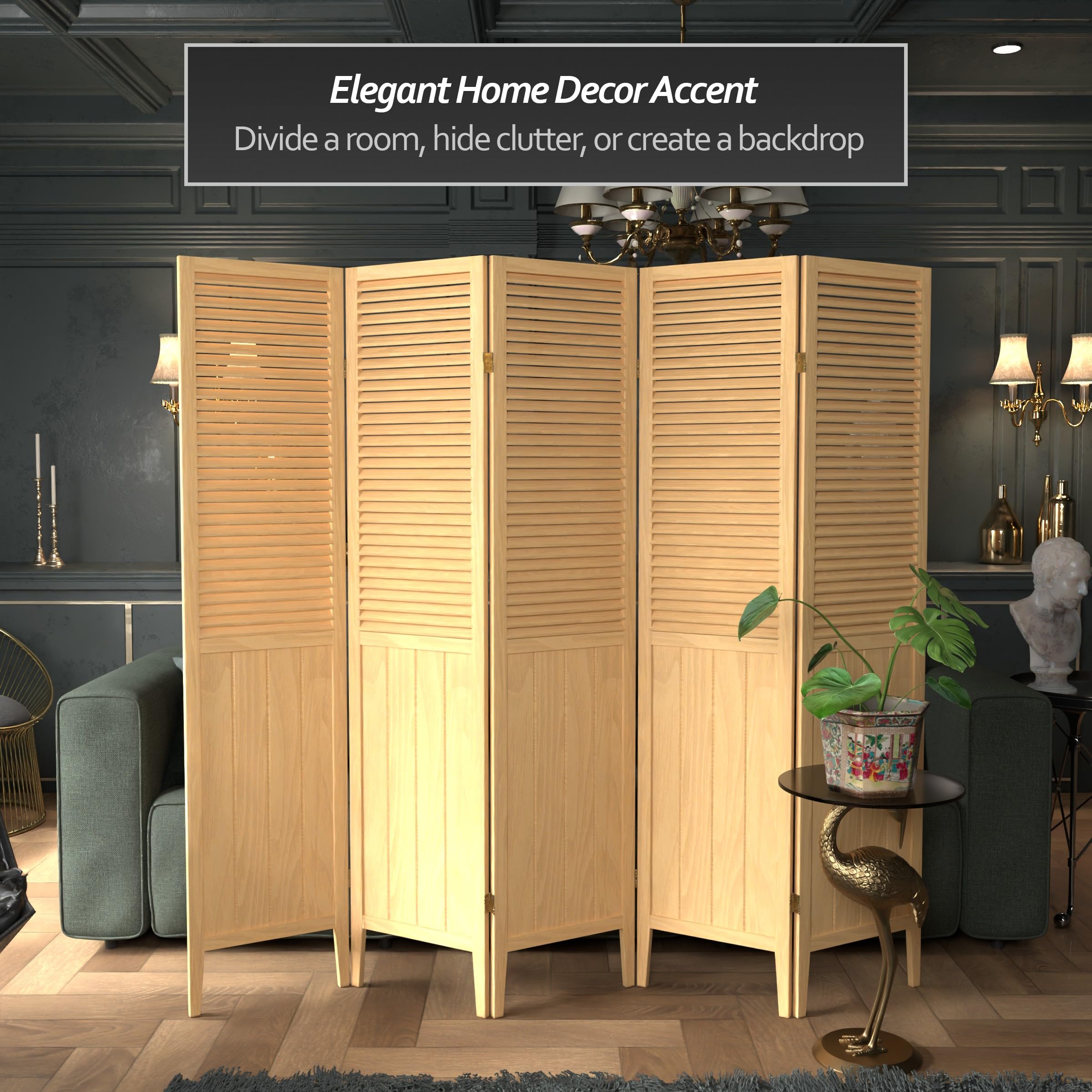 Red Lantern SS-BEAD-Natural-5P 5-Panel Room Divider Screen - Natural Wood Beaded Curtain for Home Decor, Bedroom Partition & Living Room Privacy