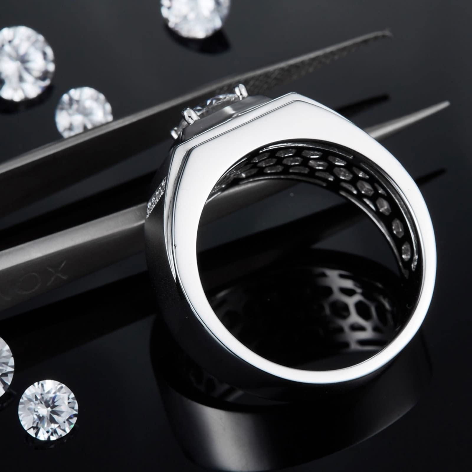 Men's Promise Rings Sterling Silver - Hexagon Wide Band with Zirconia - White Gold Plated Wedding Ring for Him - Perfect for Engagements, Anniversaries & Gifts