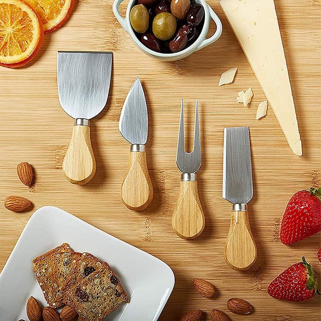Premium Bamboo Charcuterie Board Set with 4 Stainless Steel Knives - Natural Cheese Serving Platter, Cutting Board & Cheese Tools for Entertaining, Parties & Gifts