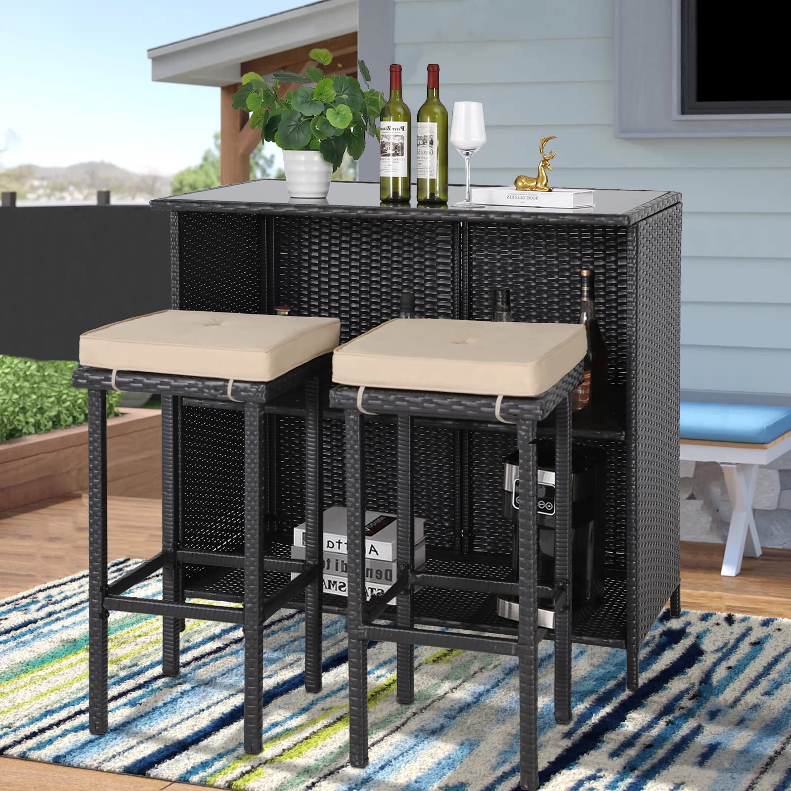 SOLAURA 3-Piece Outdoor Patio Bar Set - Black & Brown Wicker Bar Table with 2 Stools, Cushions & 9 FT Champagne Umbrella - Perfect for Backyard, Poolside, Deck or Garden Relaxation