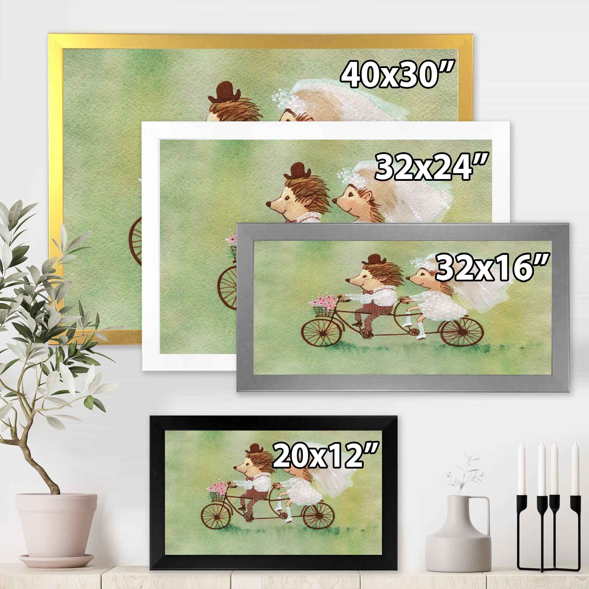DesignQ Hedgehog Couple Riding Bike - Traditional Framed Wall Art Decor for Living Room, Bedroom & Office