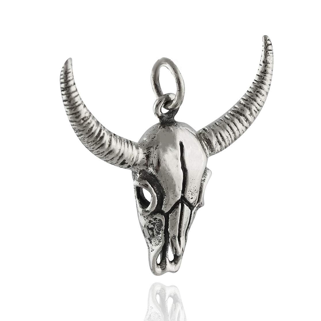 Sterling Silver 925 Cow Skull Pendant with Bull Horns - Texas Longhorn Steer Charm Bead for DIY Jewelry Making, Bracelets & Necklaces - Perfect for Western Style, Boho Fashion & Craft Projects