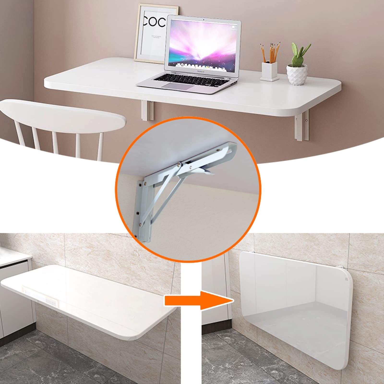 LIGUOYI 20-47 Inch Wall Mounted Floating Folding Desk - Space Saving Computer Desk, Dining Table, Drop Leaf Table with Adjustable Steel Brackets (Blue, White, Black, Yellow) - Perfect for Small Apartments, Home Offices & Dorm Rooms