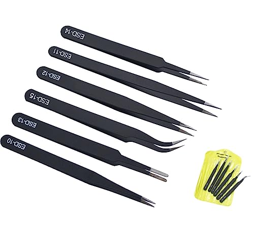 6-Piece ESD Anti-Static Tweezers Set - Stainless Steel Precision Tweezers for Eyelash Extensions, Electronics Repair & Jewelry Making - Straight & Curved Tip Tweezers - Perfect for DIY Crafts, PCB Work & Beauty Professionals