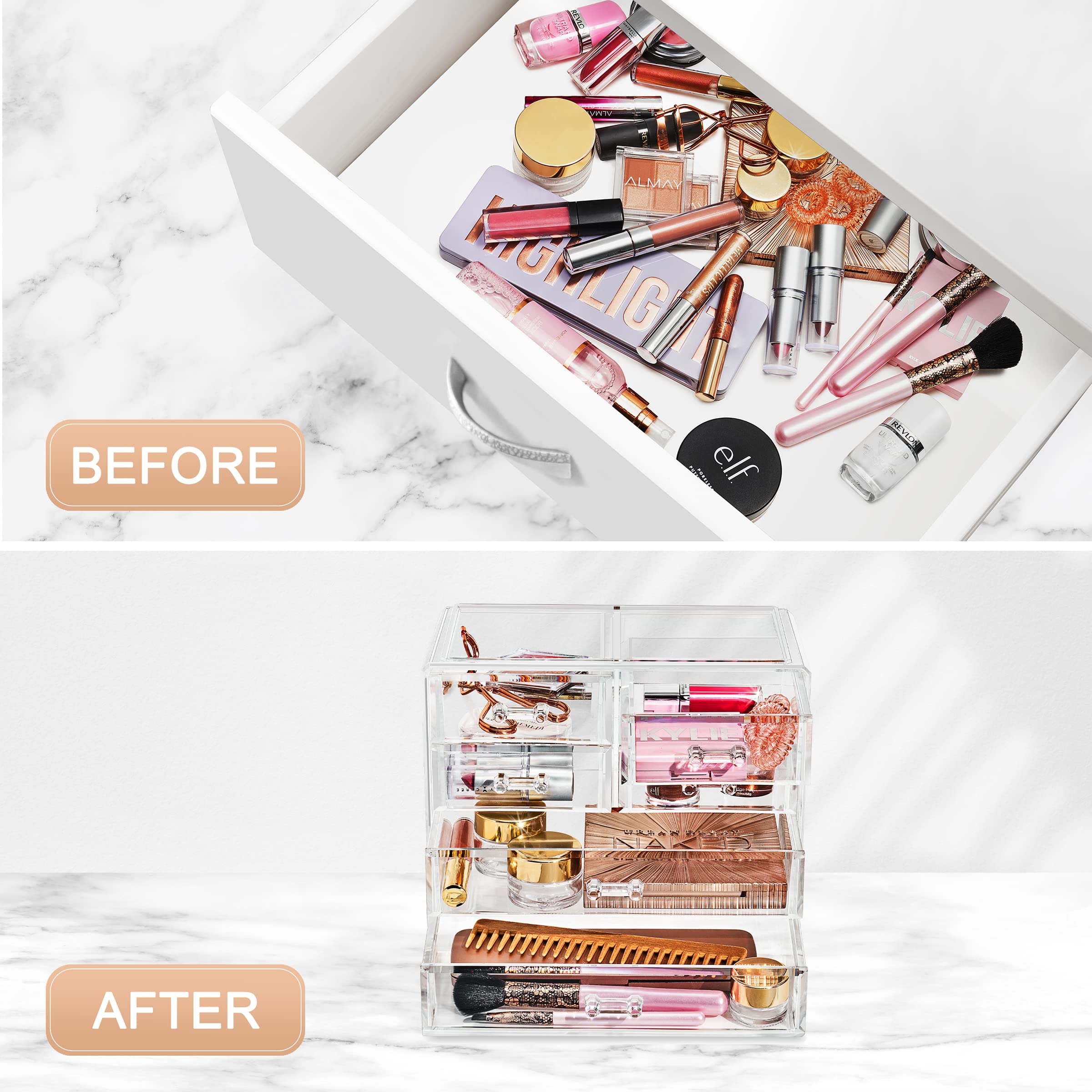 Sorbus Clear Makeup Organizer with 2 Large & 4 Small Drawers - Stylish Cosmetic Storage Case for Jewelry, Hair Accessories & Beauty Products - Space-Saving Vanity & Bathroom Organizer for Home, Salon, and Travel Use