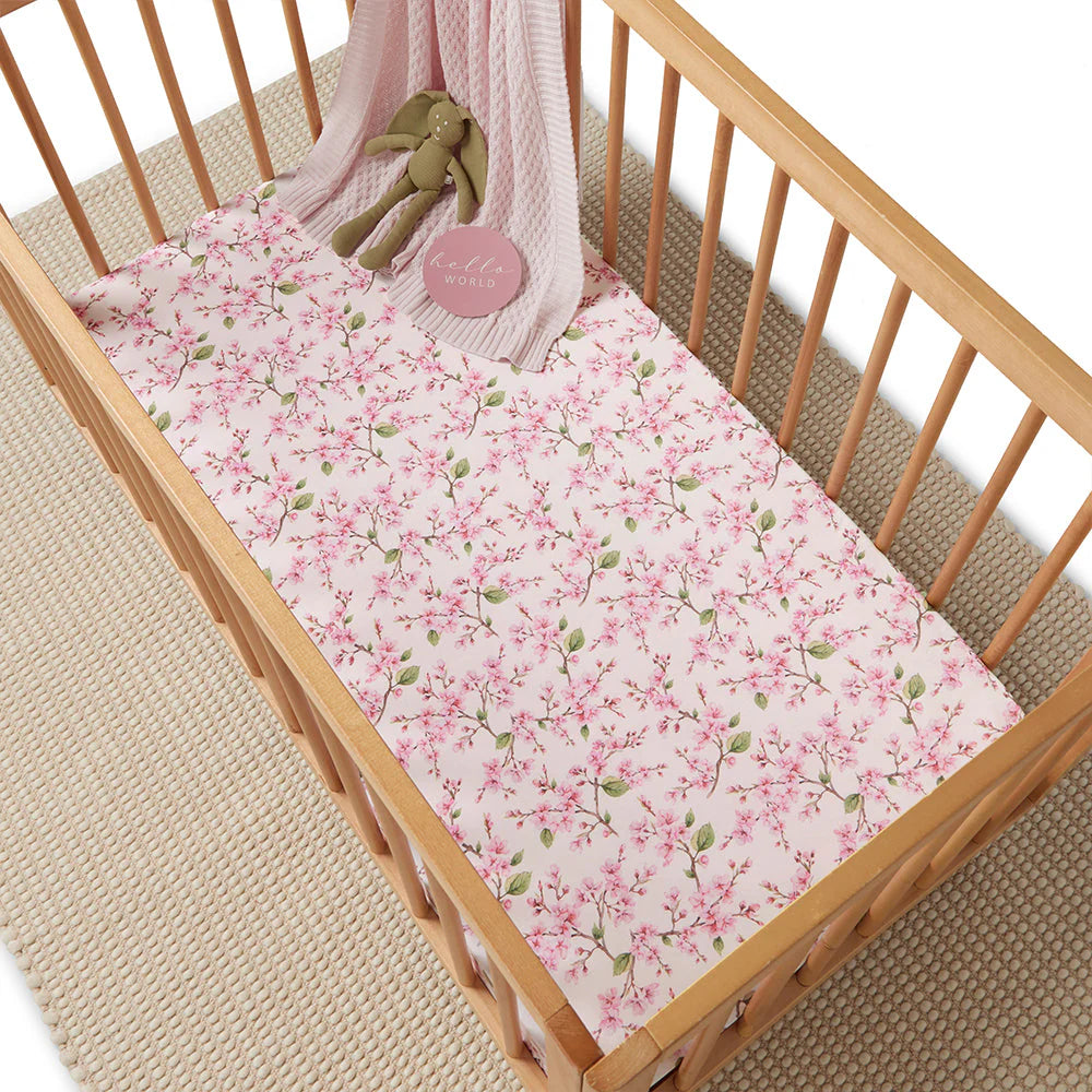 Organic Fitted Jersey Cotton Crib Sheet - Snuggle Hunny Soft Baby Bedding for Nursery, Cherry Blossom Design | Perfect for Newborns, Toddlers & Daycare Use