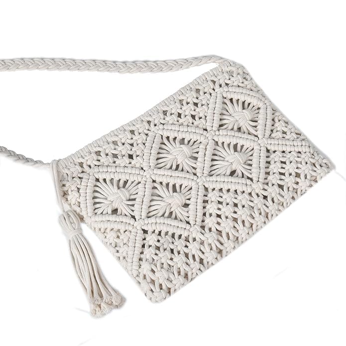 AIZA DECOR Women's Handmade Macrame Crossbody Bag - Boho Chic Sling Tote Purse for Women & Girls | Macrame Market Bag, Beach Bag, Festival Accessory | Perfect Gift for Birthday, Mother's Day (Off White)