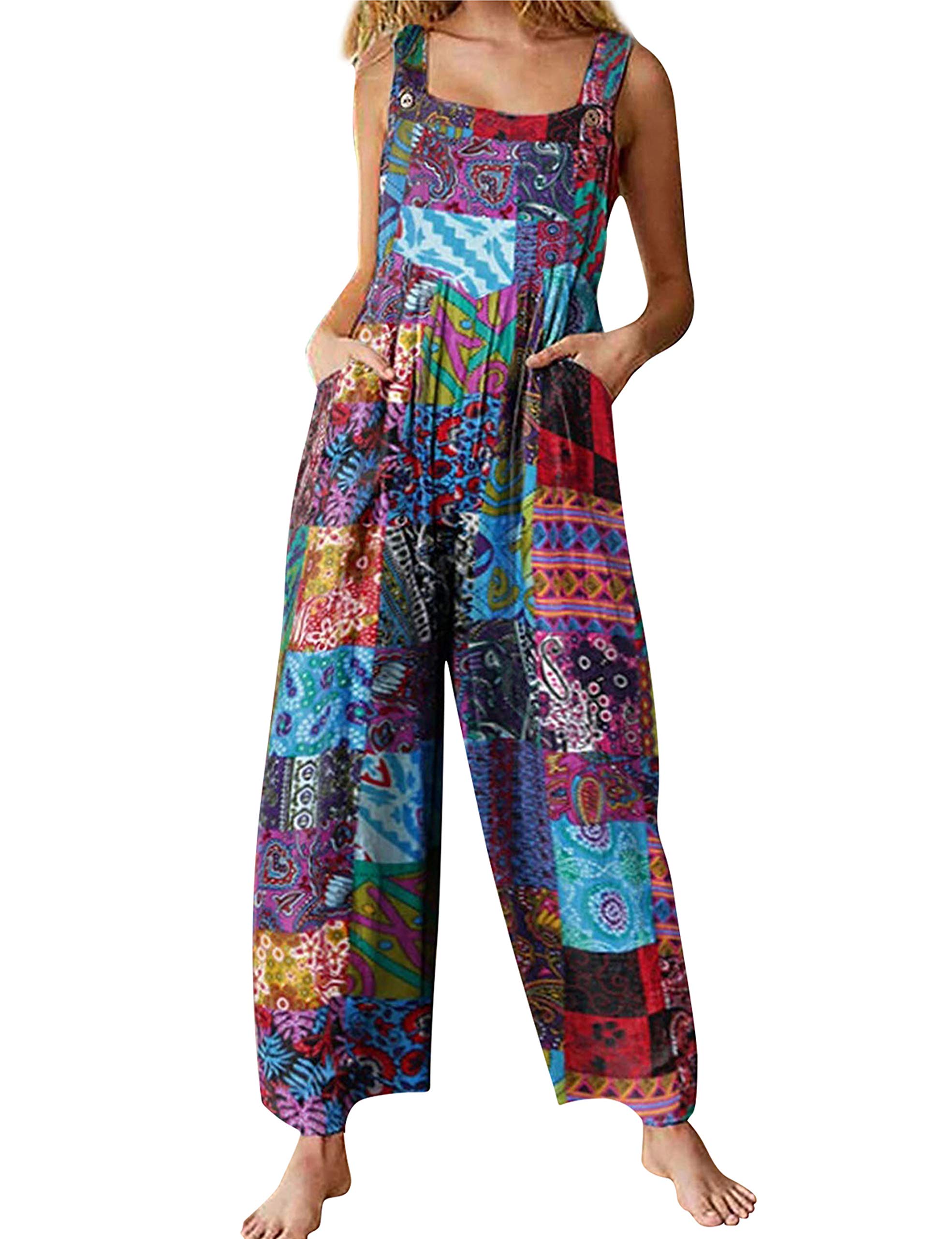 Himosyber Women's Patchwork Jumpsuit with Dual Pockets - Loose Fit Floral Print Bohemian Wide Leg Bib Overalls for Casual Wear, Music Festivals & Summer Outfits
